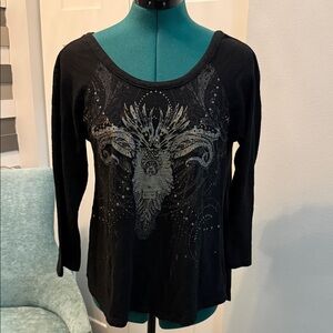 Miss Me Black Long Sleeve Top with Intricate Design